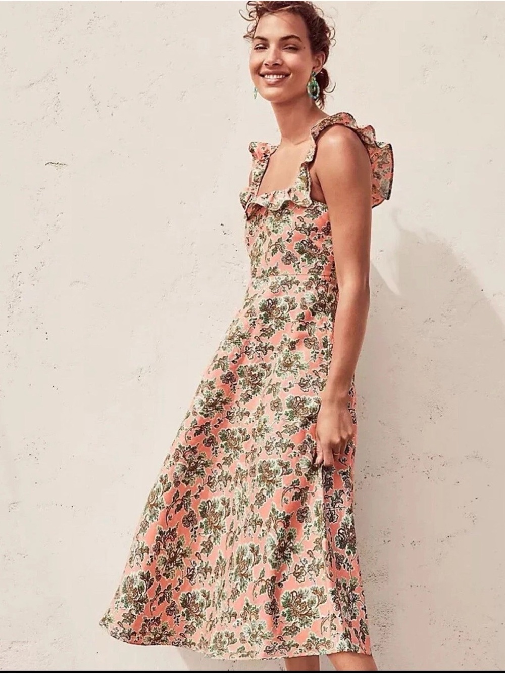 Ann Taylor Coral Floral Ruffle-Strap Midi Dress